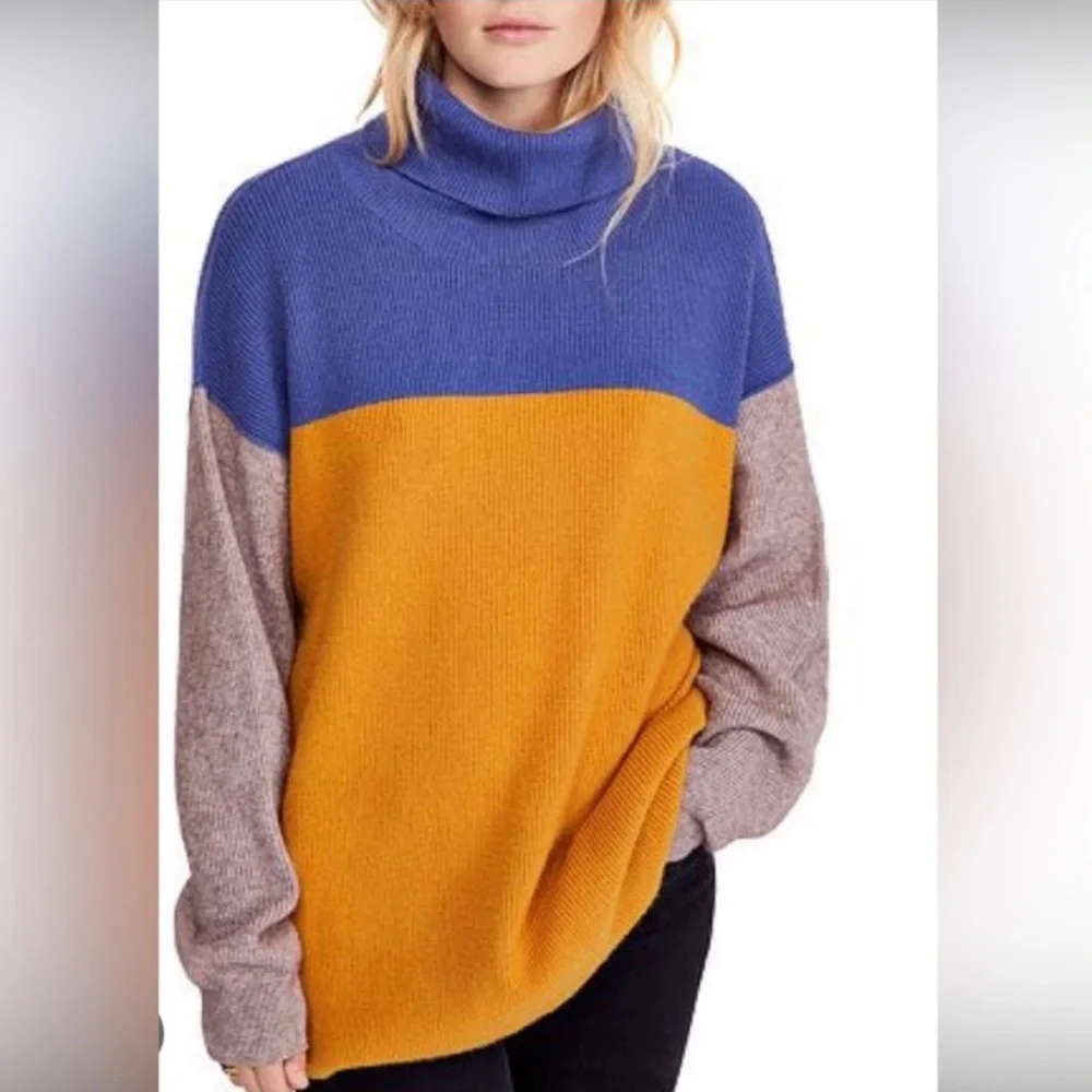 NWT Free People Structured Color Block Tunic Turtleneck Sweater Size XS-OVERSIZE